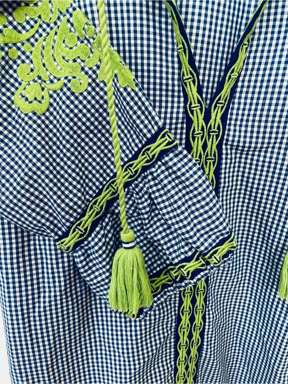 Gretchen Scott Designs Blue Gingham Dress with Bright Green Embroidery - Picture 3 of 4